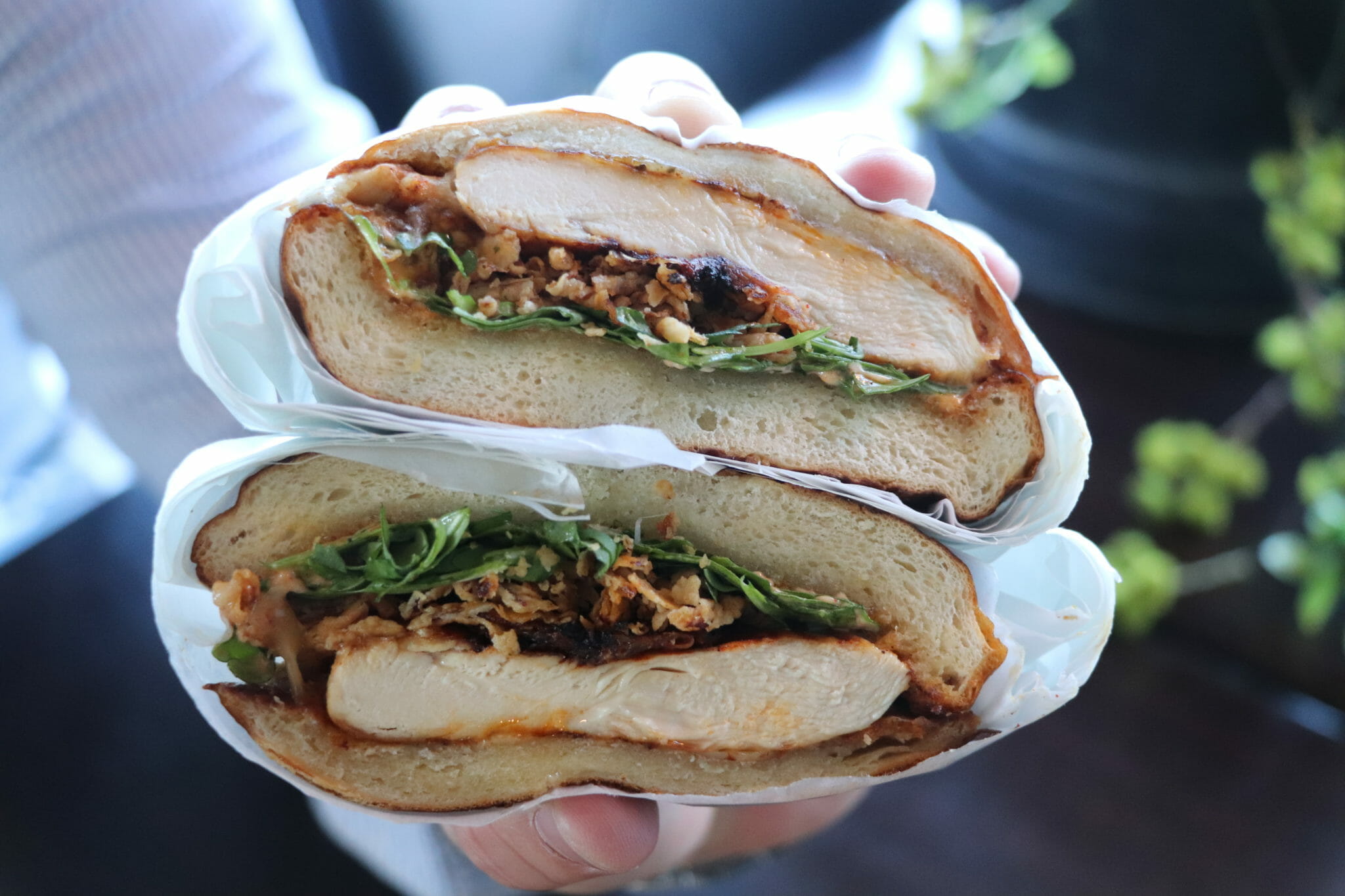 Hand holding spiced chicken sandwich