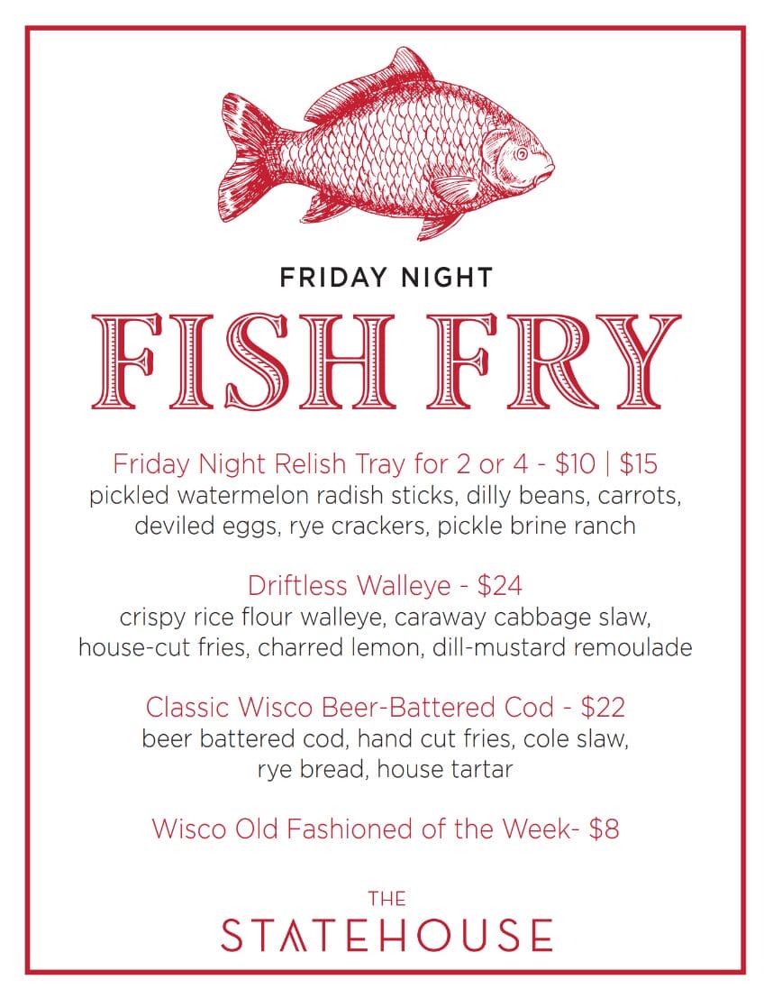 Friday night menu featuring fish fry options, including walleye and beer-battered cod, with prices and sides listed.