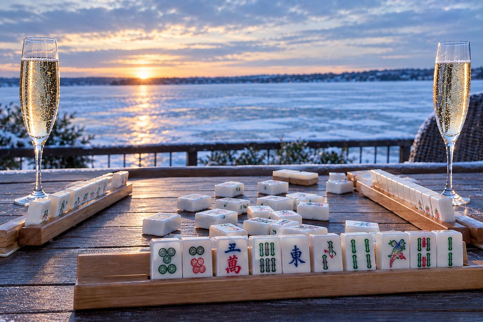 Mahjong tiles and champagne glasses on a table overlooking a frozen lake at sunset.