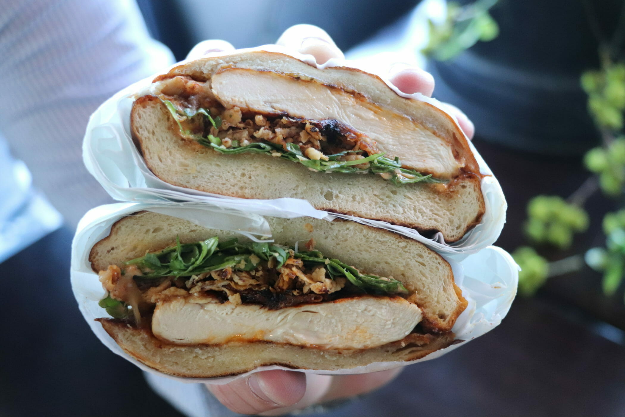 Hand holding spiced chicken sandwich
